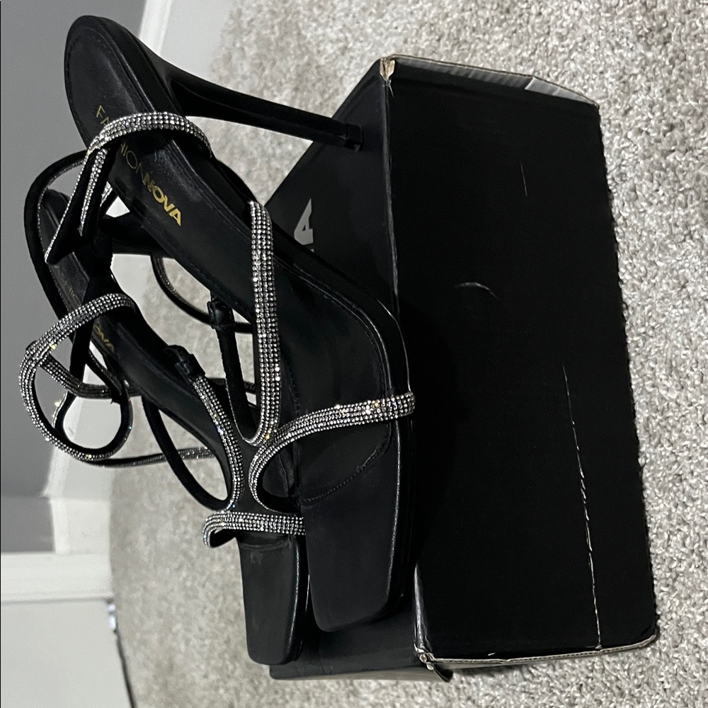 Fashion Nova Black Strappy Rhinestone Heels
